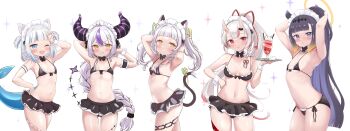 5girls ;d absurdres animal_ears apron arm_garter armpits arms_behind_head arms_up bikini black_bikini black_bow black_bowtie black_skirt blue_eyes blunt_bangs blush bow bowtie braid braided_bangs breasts cat_ears cat_tail choker cleavage cocozasa collar commentary commentary_request cowboy_shot demon_horns drink fang female_focus fins fish_tail flat_chest frilled_collar frills gawr_gura gradient_hair grin hair_bow hair_ribbon halo hand_on_own_hip hands_up highres holding hololive hololive_english horns la+_darknesss loli long_hair looking_at_viewer maid maid_apron maid_bikini maid_headdress micro_bikini miniskirt mole mole_under_eye multicolored_hair multiple_girls murasaki_shion murasaki_shion_(gothic_lolita) nakiri_ayame narrow_waist navel ninomae_ina&#039;nis one_eye_closed oni open_mouth orange_hair pointy_ears poyoyo_(nakiri_ayame) purple_hair red_eyes red_hair red_ribbon ribbon ribs shark_tail sidelocks simple_background single_braid skin-covered_horns skindentation skirt small_breasts smile streaked_hair sweatdrop swimsuit tail tail_ornament tail_ribbon takodachi_(ninomae_ina&#039;nis) tentacle_hair tentacles twintails unconventional_maid upper_body virtual_youtuber white_background white_hair wrist_cuffs yellow_eyes