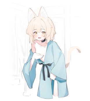 1girl :d animal_ear_fluff animal_ears black_choker blonde_hair blue_kimono blush breasts brown_eyes choker collarbone commentary_request covering_one_breast covering_privates highres japanese_clothes kimono leaning_forward long_sleeves looking_at_viewer off_shoulder open_mouth original riya_(01214) small_breasts smile solo tail wide_sleeves