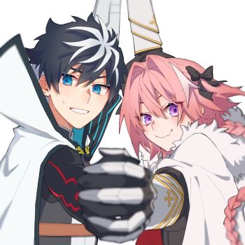 2boys androgynous astolfo_(fate) blue_eyes blush cape charlemagne_(fate) eyelashes fang fate/grand_order fate_(series) bad_tag fur-trimmed_cape fur_trim gauntlets grin hair_intakes high_collar holding long_hair male_focus multicolored_hair multiple_boys pink_hair purple_eyes short_hair simple_background skin_fang smile streaked_hair sweatdrop tanaka_(pixiv_51053205) upper_body