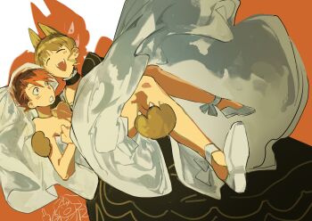 1boy 1girl animal_ears animal_hands beatrice_(umineko) black_choker black_dress blunt_bangs bridal_veil carrying choker closed_eyes crossdressing crossdressing_(mtf) curly_sidelocks dress drooling flats frilled_choker frills grin hetero highres lostack mouth_drool pectoral_cleavage pectorals princess_carry red_hair shoes short_hair smile umineko_no_naku_koro_ni ushiromiya_battler veil wedding_dress white_dress white_shoes wide-eyed