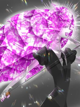 1other alternate_color androgynous arm_up bare_arms black_necktie black_sleeves collared_shirt colored_skin commentary cropped_torso crystal_hair easty english_commentary gem_uniform_(houseki_no_kuni) grey_background hand_on_own_chin highres holding holding_sword holding_weapon houseki_no_kuni lens_flare long_hair looking_at_viewer morganite_(houseki_no_kuni) nail_polish necktie other_focus pink_eyes pink_hair pink_mouth pink_nails profile puffy_short_sleeves puffy_sleeves shirt short_sleeves sideways_mouth solo sparkle sword upper_body very_long_hair weapon white_shirt white_skin