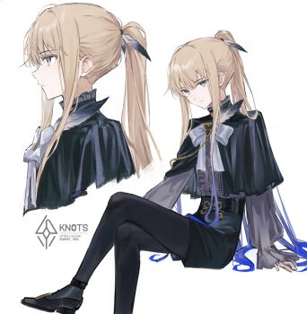 1boy absurdres aqua_eyes bishounen black_capelet black_pantyhose blonde_hair bow bowtie capelet center_frills crossed_legs expressionless fate/grand_order fate_(series) feather_hair_ornament feathers frilled_shirt_collar frills gradient_hair grey_bow grey_bowtie grey_shirt hair_ornament high-waist_shorts highres long_hair long_sidelocks long_sleeves looking_at_viewer male_focus multicolored_hair multiple_views nemo_(fate/grand_order_arcade) noah_(second_ascension)_(fate/grand_order) pantyhose ponytail profile sherry_0014 shirt shorts sidelocks simple_background sitting white_background