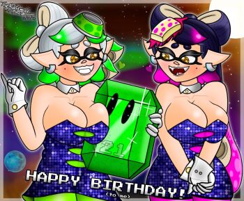 2girls alternate_breast_size_(larger) blush breast_press breasts callie_(splatoon) earrings english_text gem green_gemstone jewelry marie_(splatoon) multiple_girls nintendo oc_x_canon original pantyhose sideboob splatoon_(series) themightyemerald underboob