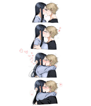 1boy 1girl absurdres asuma_mitsuya_(yunamaro) black_hair black_shirt blonde_hair blue_eyes blush closed_mouth french_kiss from_side grey_shirt heart highres kiss long_hair motion_lines original shirt short_hair spoken_heart tongue yaotome_tsuyako_(yunamaro) yellow_eyes yunamaro