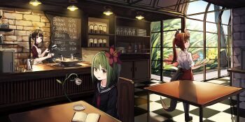 3girls apron blue_serafuku blunt_bangs book bottle bow brick_wall brown_hair cafe ceiling_light chair checkered_floor coffee_beans coffee_pot commentary_request counter cup day dragon_girl dragon_horns dragon_tail drinking_glass expressionless facing_away flower from_behind green_hair grey_legwear hair_bow hair_flower hair_ornament highres holding holding_plate horns indoors jar long_hair looking_at_viewer menu_board multiple_girls natori_youkai neckerchief oni_horns open_book open_mouth orange_eyes original parted_lips plant plate ponytail pouring red_hair red_neckerchief red_shirt saucer school_uniform serafuku shadow shelf shirt short_hair sitting three-quarter_sleeves smile standing table tail tile_floor tiles tree upper_body white_shirt window yellow_eyes
