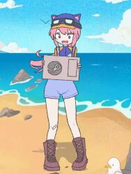 Rule 34 | 1girl, animal ear helmet, animal ears helmet, animal helmet, animated, beach, blue eyes, box, cat helmet, dancing, happy, pink hair, ponytail, shorts, steam (platform), steam delivery girl, tagme, valve (company), video, yoir