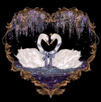 animal_focus bird black_background closed_eyes crown flower heart highres no_humans original petals ribbon shirone_(coxo_ii) swan water wisteria