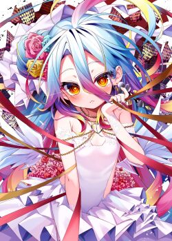 Rule 34 | 1girl, :3, absurdres, ahoge, alternate costume, angel wings, blue hair, club (shape), cowboy shot, dress, ear piercing, eye trail, flat chest, flower, fusen haru, gradient hair, hair between eyes, hair bun, hair flower, hair ornament, hand up, heart, heart-shaped pupils, highres, jewelry, light trail, long hair, looking at viewer, multicolored hair, no game no life, piercing, purple hair, red ribbon, ribbon, ring, ringed eyes, shiro (no game no life), smile, solo, spade (shape), strapless, strapless dress, symbol-shaped pupils, very long hair, white dress, wings, yellow eyes, yellow ribbon