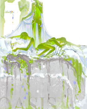 2boys 4girls blanket blue_flower closed_eyes colored_skin completely_nude covering_chest covering_privates dripping expressionless falling_petals flower full_body green_hair grey_hair grey_skin hair_spread_out highres holding holding_blanket holding_flower long_hair multiple_boys multiple_girls navel nude original parted_lips petals short_hair standing tombstone very_long_hair white_background xxyt-xx