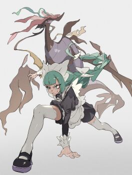 1girl apron black_romper bow braid braided_ponytail colored_sclera daniel_deng dragalge dragon fish gen_6_pokemon green_hair grin hair_bow highres juliet_sleeves leafy_seadragon lebanne_(pokemon) long_hair long_sleeves maid maid_apron maid_headdress nintendo open_mouth pokemon pokemon_(creature) pokemon_legends:_z-a puffy_sleeves red_eyes red_sclera romper seahorse shoes simple_background smile teeth thighhighs white_thighhighs