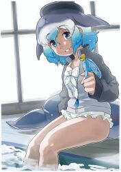 Rule 34 | absurdres, bare legs, blowhole, blue eyes, blue hair, bow, bowtie, cetacean tail, common bottlenose dolphin (kemono friends), dolphin girl, dorsal fin, fins, fish tail, frilled one-piece swimsuit, frills, grey hair, grey sweater, hair between eyes, head fins, highres, holding, holding water gun, kemono friends, long sleeves, looking at viewer, multicolored hair, one-piece swimsuit, partially open jacket, pool, poolside, sidelocks, sleeves past wrists, sweater, swimsuit, tail, toriny, two-tone sweater, water gun, white bow, white bowtie, white hair, white one-piece swimsuit