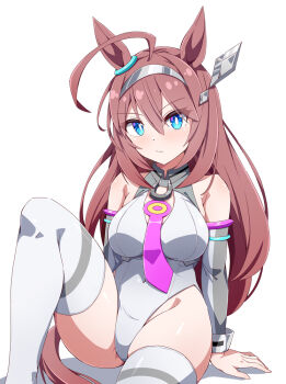 Rule 34 | 1girl, ahoge, animal ears, blue eyes, brown hair, commentary request, detached sleeves, grey sleeves, highleg, highleg leotard, hiro (pqtks113), horse ears, horse girl, horse tail, horseshoe ornament, leotard, mihono bourbon (mb-19890425) (umamusume), mihono bourbon (umamusume), necktie, necktie overhang, pink necktie, silver hairband, simple background, solo, tail, thighhighs, umamusume, white background, white leotard, white thighhighs