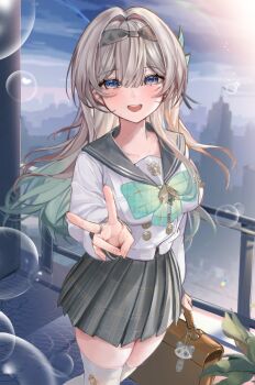 1girl aqua_bow aqua_bowtie aqua_hair bag bag_charm balcony black_hairband bow bowtie breasts brown_bag bubble buttons charm_(object) commentary_request double-breasted firefly_(honkai:_star_rail) firefly_(spring_missive)_(honkai:_star_rail) gradient_hair grey_hair grey_sailor_collar grey_skirt hair_intakes hairband highres honkai:_star_rail honkai_(series) jewelry large_breasts long_hair long_sleeves looking_at_viewer multicolored_hair official_alternate_costume open_mouth plaid_bow plaid_bowtie plaid_clothes plaid_skirt purple_eyes railing ring sailor_collar sakusaku_(616saku) school_bag school_uniform serafuku shirt skirt solo sunlight teeth thighhighs upper_teeth_only v white_shirt white_thighhighs zettai_ryouiki