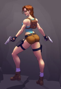 Rule 34 | 1girl, ass, ass focus, asymmetrical bangs, backpack, bag, boots, braid, braided ponytail, breasts, brown bag, brown boots, brown eyes, brown hair, commentary, commentary request, facing away, facing to the side, fingerless gloves, full body, gloves, gun, handgun, highleg, highres, holding, holding gun, holding weapon, holster, jiggeh, lara croft, leotard, leotard under clothes, lips, looking at viewer, m1911, medium breasts, nose, one-piece swimsuit, rock, shorts, simple background, solo, swimsuit, t-back, thigh holster, tomb raider, weapon