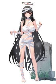 1girl absurdres bandaged_chest bandaged_hand bandaged_head bandaged_leg bandaged_neck bandages barefoot black_hair black_halo black_nails blue_archive blunt_bangs breasts bright_pupils claw_pose cleavage collarbone feet full_body hair_ornament hairclip halloween halloween_costume halo highres large_breasts legs long_hair looking_at_viewer mizikayo mummy_costume nail_polish naked_bandage navel parted_lips red_eyes rio_(blue_archive) shovel solo toenail_polish toenails toes tombstone very_long_hair white_background white_pupils