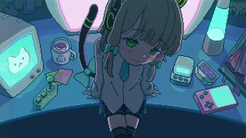 1girl animal_ear_headphones animal_ears aqua_bow aqua_necktie arm_support black_shorts black_tail black_thighhighs blonde_hair blue_archive blunt_bangs blush book bow cat_ear_headphones cat_ears cat_tail closed_mouth coffee coffee_mug commentary_request controller cowboy_shot cup desk fake_animal_ears fake_tail from_above game_console game_controller glowing green_eyes hair_bow head_tilt headphones highres indoors lamp long_sleeves low-tied_sidelocks medium_hair midori_(blue_archive) mug necktie night no_jacket on_desk parted_bangs pixel_art posi_(fridesoakednasu) school_uniform shirt short_shorts shorts sidelocks sitting sleeves_past_wrists smile solo split_mouth tail tail_bow tail_ornament tail_raised television thighhighs untucked_shirt white_shirt