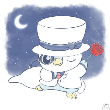 Rule 34 | cape, clothed pokemon, commentary request, cosplay, crescent moon, flower, full body, gen 4 pokemon, hat, highres, kaitou kid, kaitou kid (cosplay), magic kaito, mochimaro (infj oekaki), monocle, moon, necktie, nintendo, no humans, one eye closed, piplup, pokemon, pokemon (creature), red flower, red necktie, red rose, rose, shirt, signature, solo, star (sky), white cape, white hat, white shirt