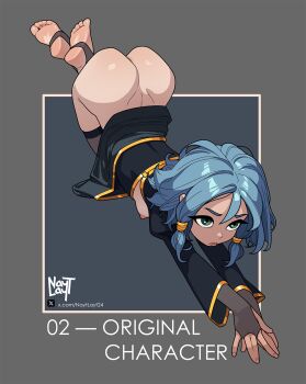 1girl all_fours ass black_dress blue_hair border bottomless breasts breasts_out bridal_gauntlets commentary dress dress_flip english_commentary english_text fingerless_gloves full_body gloves green_eyes grey_border hair_tubes highres huge_ass medium_hair messy_hair nayt_layt nipples original outside_border petite small_breasts soles solo stirrup_legwear toeless_legwear toes top-down_bottom-up