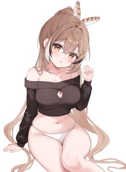 1girl absurdres ahoge alternate_costume bare_shoulders bibixart breasts brown_eyes brown_hair brown_sweater cleavage cleavage_cutout clothing_cutout commentary cropped_sweater feather_hair_ornament feathers fingernails furrowed_brow hair_ornament hand_up head_tilt highres hololive hololive_english large_breasts long_hair looking_at_viewer midriff multicolored_hair nanashi_mumei navel no_pants off-shoulder_sweater off_shoulder panties ponytail pout sitting skindentation solo stomach streaked_hair sweater symbol-only_commentary thighhighs thighs underwear v-shaped_eyebrows very_long_hair virtual_youtuber white_panties