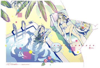 Rule 34 | 1boy, 1girl, 2020, afloat, arm up, artist name, bare arms, bare legs, barefoot, beach umbrella, ben-day dots, bikini, black eyes, black hair, black vest, blonde hair, blue eyes, bow, bowtie, breasts, cellphone, chair, cleavage, commentary request, cup, dated, drain (object), drink, drinking glass, earrings, eye contact, flower, food, from above, front-tie bikini top, front-tie top, fruit, glasses, gloves, goggles, goggles on head, hand in own hair, hibiscus, highres, holding, holding goggles, hoop earrings, jewelry, knee up, leaf, lemon, lemon slice, long hair, looking at another, lounge chair, lying, monstera deliciosa, navel, newspaper, on back, original, palm tree, partially fingerless gloves, phone, pink flower, plate, pool, pool ladder, red bow, red bowtie, round eyewear, round table, sarong, screentones, shirt, short hair, signature, smartphone, standing, studio carmine, swimsuit, table, tree, umbrella, vest, wet, wet clothes, white bikini, white sarong, white shirt, white umbrella