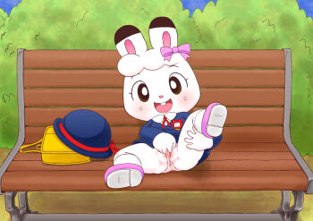1girl animal animal_ears backpack bag bench blue_dress blue_hat blush bow brown_eyes buck_teeth bush clothes_lift dress dress_lift furry grass hair_bow hat hat_bow holding_own_leg kmkch loli long_sleeves looking_at_viewer midorihara_mimirin name_tag neck_ribbon on_bench open_mouth pink_bow pink_shoes pussy rabbit rabbit_ears rabbit_girl red_bow red_ribbon ribbon school_uniform self_wedgie shima_shima_tora_no_shimajirou shirt shoes short_hair sitting sky smile socks spread_legs spread_pussy teeth unworn_backpack unworn_bag unworn_hat unworn_headwear wedgie white_background white_fur white_hair white_shirt white_socks