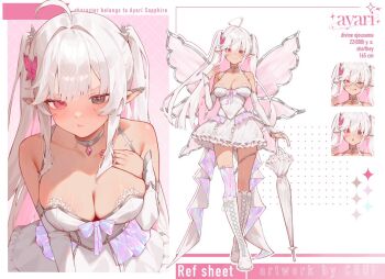 1girl :p ahoge armpit_crease asymmetrical_legwear ayari_sapphire bare_shoulders blunt_bangs boots breasts butterfly_hair_ornament character_name choker chui_art cleavage closed_umbrella clothing_request color_guide crossed_ankles double-parted_bangs dress eri11rie frilled_skirt frills grey_eyes hair_ornament hand_on_own_chest heterochromia holding holding_umbrella indie_virtual_youtuber knee_boots large_breasts light_blush long_hair looking_at_viewer multiple_views pink_eyes pink_nails planted planted_umbrella pointy_ears pout reference_sheet second-party_source single_thighhigh skirt smile standing thighhighs tongue tongue_out twintails umbrella virtual_youtuber white_boots white_choker white_dress white_hair white_umbrella