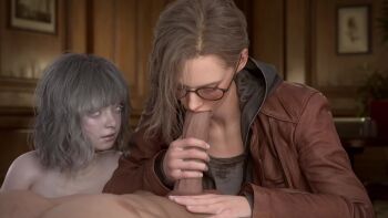 1boy 2girls 3d :>= animated black-framed_eyewear black_hoodie blonde_hair blue_eyes brown_jacket capcom emily_(resident_evil) fellatio fingernails flat_chest glasses grace_ashcroft grey_hair grey_shirt handjob hetero hood hood_down hoodie indoors jacket large_penis lips loli long_sleeves looking_at_another looking_up looping_animation medium_hair multiple_girls open_clothes open_hoodie open_jacket open_mouth oral pale_skin penis portrait resident_evil resident_evil_requiem shirt sluttyedges sound t-shirt tagme two-handed_handjob uncensored unzipped upper_body video white_eyes