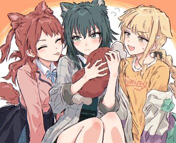 Rule 34 | 3girls, :d, ^ ^, animal ears, black ribbon, black skirt, blonde hair, blue ribbon, blue skirt, blush, boned meat, braid, brown hair, cat ears, closed eyes, closed mouth, coat, collared shirt, commentary, cropped jacket, dog ears, dress shirt, floppy ears, food, fujita kotone, gakuen idolmaster, green eyes, green hair, green jacket, green shirt, grey coat, hair ribbon, hanami saki, hatsuboshi gakuen school uniform, idolmaster, jacket, kemonomimi mode, long hair, looking at another, low twin braids, meat, medium hair, multicolored jacket, multiple girls, neck ribbon, off shoulder, open clothes, open coat, open jacket, open mouth, overskirt, pink jacket, pleated skirt, purple jacket, re;iris (idolmaster), revision, ribbon, school uniform, shirt, sidelocks, skirt, sleeves rolled up, smile, stuffed food, stuffed toy, sweatdrop, tearing up, three-quarter sleeves, tongue, tongue out, tsukimura temari, twin braids, two side up, v-shaped eyebrows, wavy mouth, white jacket, white shirt, yellow shirt, yukitake (bullfalk)
