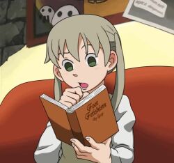 1boy 1girl animated annoyed barefoot blonde_hair blush book couch feet foot_focus foreshortening green_eyes grin indoors maka_albarn naughty_face on_couch pov presenting_foot reading sitting skirt smile socks soles soul_eater soul_evans tagme toes video