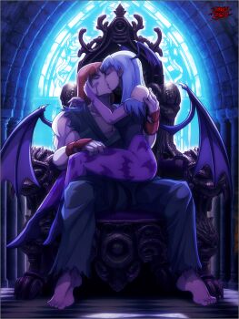 absurdres barefoot bat_wings boots capcom castle couple crossover darkstalkers demon_girl french_kiss hand_on_another's_face hand_on_another's_leg hand_on_another's_shoulder highres ken_masters kiss morrigan_aensland non-web_source red_hair shipping_(fandom) sitting sitting_on_lap sitting_on_person sitting_on_throne street_fighter thighhighs throne violent_ken wings