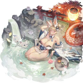 Rule 34 | 1girl, absurdres, animal ear fluff, animal ears, artist request, autumn leaves, bird, blonde hair, blue eyes, blue nails, breasts, character request, cleavage, daiblos core, detached sleeves, flower, flower on liquid, fox, hair ornament, hair stick, highres, kneeling, leaf, leaf on liquid, official art, oil-paper umbrella, pink flower, pink rose, rose, solo, tassel, tassel hair ornament, umbrella, water, waterfall, wet, white sleeves