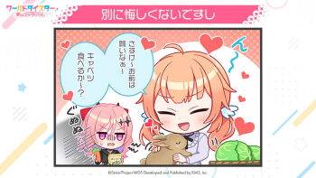 1girl ahoge blush bow chibi closed_eyes commentary_request food fudeshima_shigure hair_bow hair_ornament heart holding motosu_towa multicolored_hair official_art open_mouth orange_hair pink_hair purple_eyes second-party_source smile stuffed_animal stuffed_toy teddy_bear translation_request world_dai_star