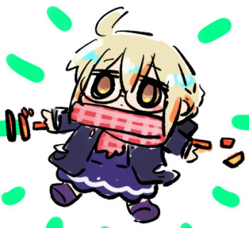 1girl ahoge artoria_pendragon_(fate) black-framed_eyewear black_jacket blonde_hair brown_eyes chibi closed_mouth commentary_request fate/grand_order fate_(series) full_body glasses hair_between_eyes jacket kasuga_yuuki lowres mysterious_heroine_x_alter_(fate) open_clothes open_jacket purple_shirt purple_shoes purple_skirt red_scarf scarf semi-rimless_eyewear shirt shoes skirt solo translation_request under-rim_eyewear white_background