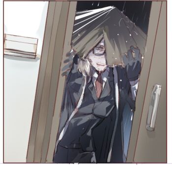 1boy bamboo-hatted_kim beard_stubble black_coat black_gloves black_pants coat facial_hair gloves hand_on_own_hat hand_on_wall hat jacket jingasa lapels limbus_company male_focus necktie notched_lapels open_clothes open_coat opening_door pants project_moon rain rectangular_eyewear red_necktie shirt shoggoth_(sirens20211) stubble suit_jacket torn_clothes torn_hat upper_body white_jacket white_shirt white_trim