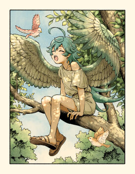 1boy ahoge aqua_hair arms_at_sides bare_legs bird blue_sky border brown_sandals closed_eyes dappled_sunlight day ensemble_stars! feathered_wings foliage foot_dangle full_body green_wings grey_wings hand_rest highres hojo_raika long_hair male_focus moi_658 on_branch open_mouth outdoors sandals single_bare_shoulder single_off_shoulder sitting sitting_on_branch sky solo sunlight tree tunic very_long_hair white_border wings yawning