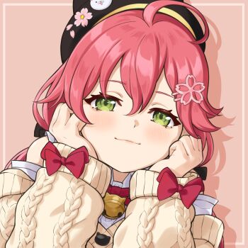 1girl ahoge animal_hat bell beret black_hat blush border bow bowtie cable_knit cardigan cat_hat closed_mouth double-parted_bangs drop_shadow flower_hairclip hair_between_eyes hair_ornament hairclip hands_on_own_cheeks hands_on_own_face hat head_rest highres hololive jingle_bell long_hair looking_at_viewer neck_bell official_alternate_costume pink_background pink_hair red_bow red_bowtie rena_sakuma sakura_miko sakura_miko_(casual) shirt smile solo upper_body virtual_youtuber white_shirt yellow_cardigan