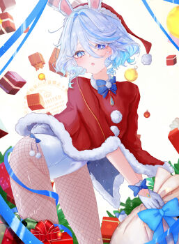 1girl absurdres alternate_costume animal_ears blue_bow blue_eyes blue_hair bow box capelet commentary covered_navel drop-shaped_pupils fake_animal_ears feet_out_of_frame fishnet_pantyhose fishnets fur-trimmed_capelet fur_trim furina_(genshin_impact) genshin_impact gift gift_box gloves hair_between_eyes hair_intakes heterochromia highres holding holding_sack leaning_forward leotard li_lll_il looking_at_viewer multicolored_hair pantyhose playboy_bunny rabbit_ears red_capelet sack signature solo streaked_hair symbol-only_commentary symbol-shaped_pupils two-tone_hair watermark white_gloves white_hair white_leotard
