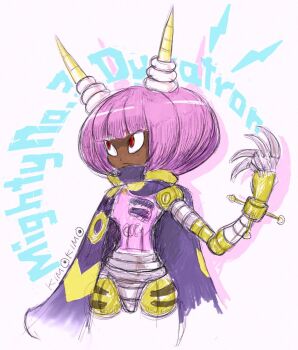 1girl artist_name black_cape blunt_bangs bob_cut breasts cape character_name claws closed_mouth commentary commentary_request cropped_legs dark-skinned_female dark_skin drop_shadow dynatron_(mighty_no._9) english_commentary expressionless hand_up horns joints kimoto_takenori light_bulb lightning_bolt_symbol looking_to_the_side mighty_no._9 mixed-language_commentary purple_hair red_eyes robot robot_girl robot_joints see-through_body sharp_teeth short_hair simple_background slit small_breasts smile solo teeth two-tone_cape very_dark_skin white_background yellow_cape yellow_horns