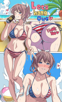 1girl all_fours american_flag american_flag_bikini american_flag_print aranami_shibuki ass ball bang_dream! beachball bikini blue_eyes blue_sky breasts brown_hair can cleavage cloud commentary_request day drink_can energy_drink flag_print flag_print_bikini full_body gyaru_v heart highres large_breasts multiple_views outdoors palm_tree ponytail print_bikini side-tie_bikini_bottom sky spoken_heart swimsuit tree v yamabuki_saya