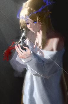 1girl 37sanshiqi absurdres alternate_costume bare_shoulders blonde_hair blue_eyes breasts cartethyia_(wuthering_waves) chinese_commentary closed_mouth commentary_request crown_of_thorns dark_background film_grain glint heavy_film_grain highres holding holding_toy light_smile long_hair looking_at_object medium_breasts off-shoulder_shirt off_shoulder parted_bangs partial_commentary shirt solo tacet_mark_(wuthering_waves) toy very_long_hair white_shirt wuthering_waves