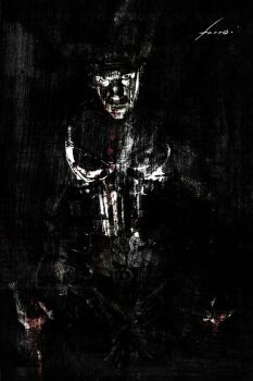 Rule 34 | 1boy, abstract background, artist name, black coat, black gloves, black hair, broad shoulders, bullet scar, coat, commentary, dark background, english commentary, gloves, grey background, gun, handgun, highres, holding, holding gun, holding weapon, jon bernthal, looking at viewer, male focus, marvel, monochrome, real life, realistic, rifle, shadow, short hair, signature, skull print, solo, the punisher (character), the punisher (series), viktor farro, weapon, western comics (style)