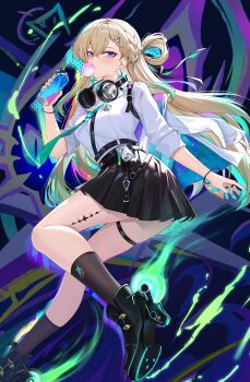 1girl absurdres aqua_necktie black_shoes black_skirt black_socks blonde_hair blowing_bubble_gum blue_eyes blush braid braided_bangs breasts can chewing_gum commentary_request earrings from_side hair_between_eyes headphones headphones_around_neck highres holding holding_can id_card jacket jewelry looking_at_viewer looking_to_the_side lynae_(wuthering_waves) medium_breasts multicolored_hair nail_polish necktie shirt shirt_tucked_in shoes skirt socks solo spray_can star_(symbol) star_earrings streaked_hair tacet_mark_(wuthering_waves) thigh_strap thighs white_jacket white_shirt wuthering_waves xiongji_z_z