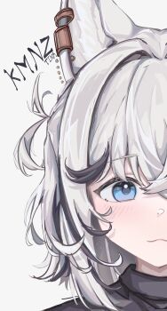 1girl absurdres animal_ear_piercing animal_ears black_streaks blue_eyes closed_mouth dog_ears dog_girl hair_intakes hashtag-only_commentary highres kmnz looking_at_viewer medium_hair multicolored_hair no_name_ver1 portrait simple_background solo split_crop straight-on streaked_hair tina_(kmnz) virtual_youtuber white_background white_hair