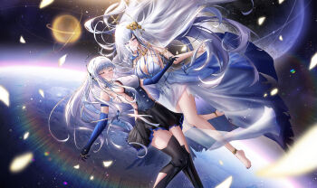 Rule 34 | 1girl, absurdres, bare shoulders, barefoot, blue hair, breasts, cleavage, darkstar hubble (neural cloud), dress, elbow gloves, girls' frontline, girls' frontline neural cloud, gloves, grey hair, highres, hubble (neural cloud), large breasts, long hair, multicolored hair, neet kuu, sideboob, space, streaked hair, thighs, white hair