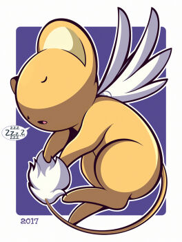 Rule 34 | animal focus, border, cardcaptor sakura, closed eyes, commentary, dated, english commentary, full body, kero (cardcaptor sakura), lying, no humans, on side, purple background, simple background, snoring, solo, speech bubble, spoken zzz, white border, woofzilla, zzz