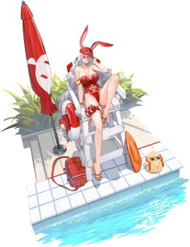 Rule 34 | 1girl, absurdly long hair, animal ears, azur lane, bare shoulders, baseball cap, beach umbrella, breasts, chair, cleavage, closed umbrella, collarbone, dishwasher1910, donut innertube, fake animal ears, feet, flip-flops, full body, grey hair, hair over one eye, hat, highleg, highleg one-piece swimsuit, highres, innertube, large breasts, leg up, legs, lifebuoy, lifeguard, lifeguard chair, long hair, looking at viewer, manjuu (azur lane), mole, mole on body, mole under eye, multiple expressions, nail polish, official alternate costume, official art, one-piece swimsuit, one eye covered, pool, pouch, prinz heinrich (azur lane), prinz heinrich (rabbit on watch) (azur lane), promotional art, red eyes, red hat, red one-piece swimsuit, sandals, solo, strapless, strapless one-piece swimsuit, sunglasses, swim ring, swimsuit, thigh pouch, toenail polish, toenails, toes, transparent background, umbrella, very long hair, water, whistle, whistle around neck, white hair