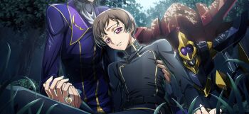ashford_academy_school_uniform belt black_jacket black_pants brown_hair code_geass code_geass:_lost_stories f4samurai game_cg highres jacket knightmare_frame lelouch_vi_britannia mecha multiple_boys official_art pants purple_eyes robot rolo_lamperouge school_uniform shinkirou short_hair tree zero_(code_geass)