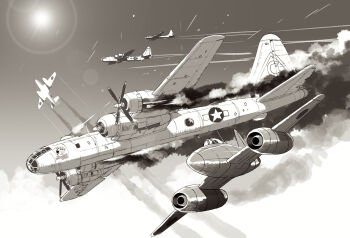 aircraft airplane b-29_superfortress bomber canards commentary fighter_jet fire firing greyscale imperial_japanese_navy kikka_(airplane) lens_flare matsuda_juukou military_vehicle monochrome no_humans original smoke united_states_army vehicle_focus world_war_ii