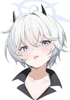 Rule 34 | 1girl, absurdres, black horns, blue archive, blue eyes, chanshiyu, commentary request, demon girl, demon horns, erika (blue archive), grey hair, grey halo, hair between eyes, halo, highres, horns, looking at viewer, portrait, short hair, solo, tongue, tongue out
