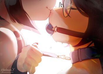 2girls artist_name ball_gag brown_hair closed_eyes commentary english_commentary from_side furry furry_female furry_with_furry gag gagged glasses hackainax highres kiss kissing_nose leash multiple_girls original profile round_eyewear saliva short_hair simple_background snout white_background yuri
